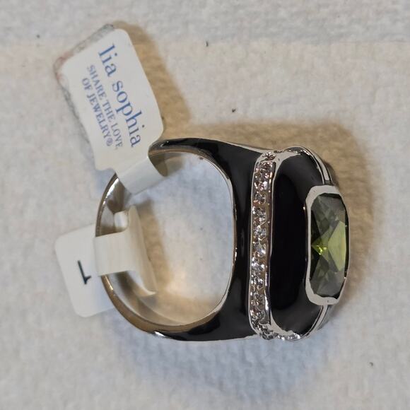 Lia Sophia‎ Vintage Green Crystal Black Enamel Silver tone Ring size 11 New! - Picture 6 of 7